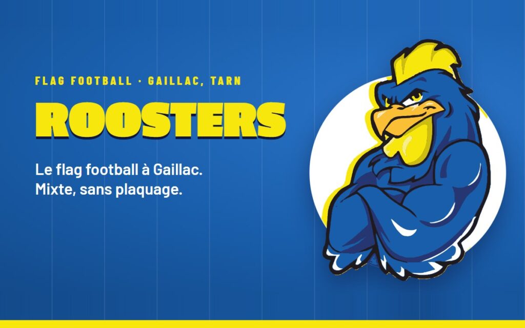 Le site des Roosters de Gaillac : le coq bleu du club et « Le flag football à Gaillac »